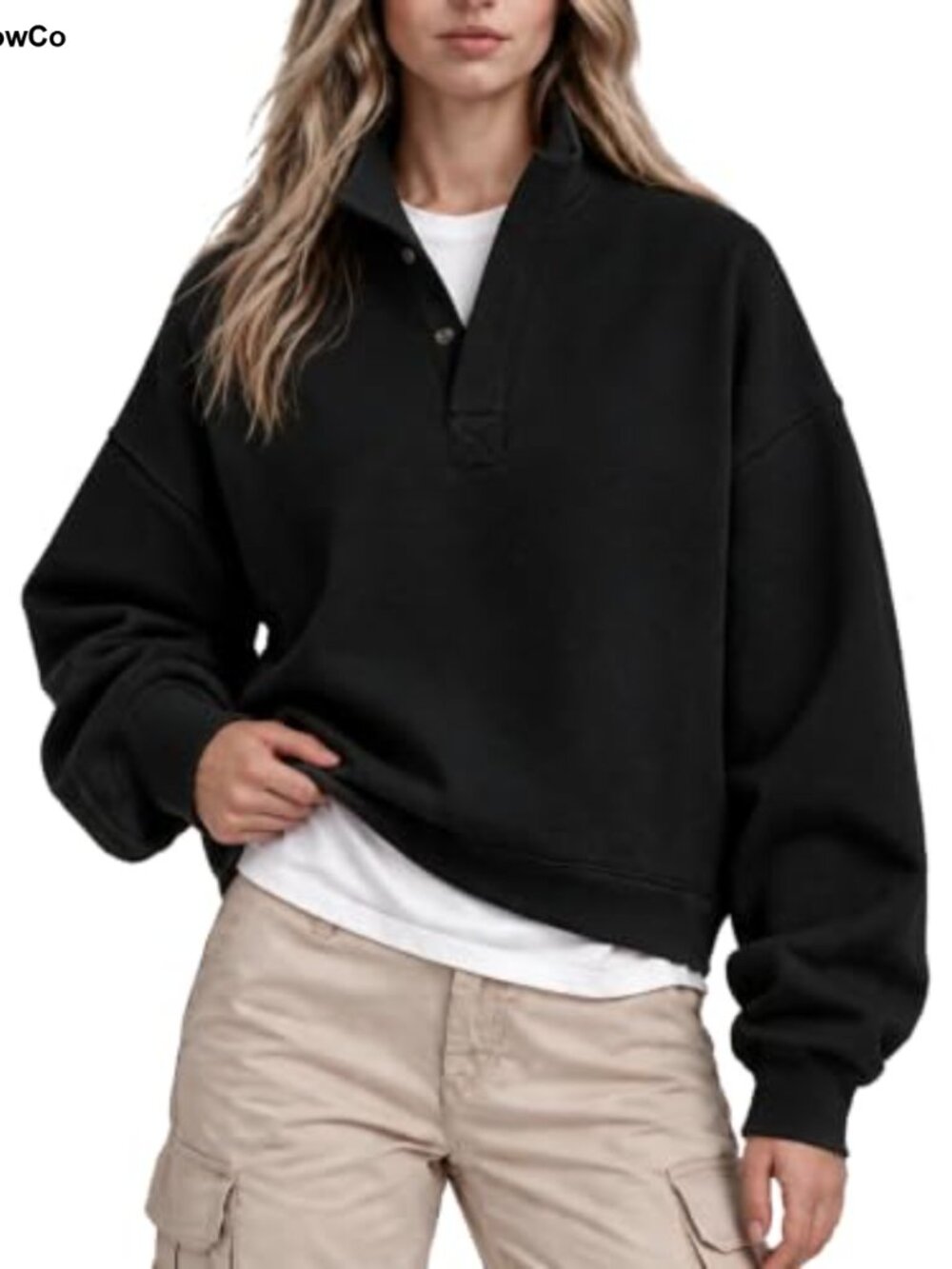 Oversized Cropped Fleece Sweatshirt Mock Neck Snap Button Pullover